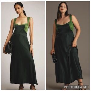 Maeve Anthropologie Jocelyn Sleeveless Slip Midi Dress Green Satin Medium NWT